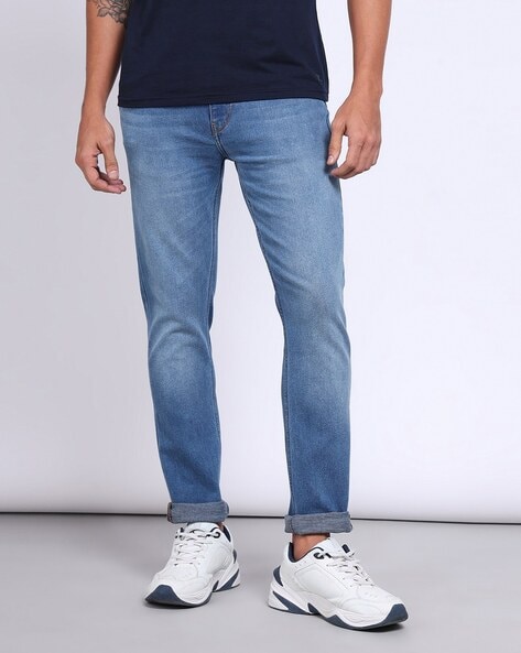 Men Mid Washed Tapered Jeans