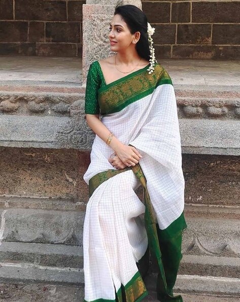 White & Green Festive Wear Checks With Woven Border Cotton Silk Saree