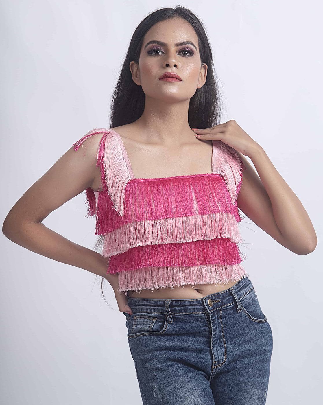 pink fringe crop top