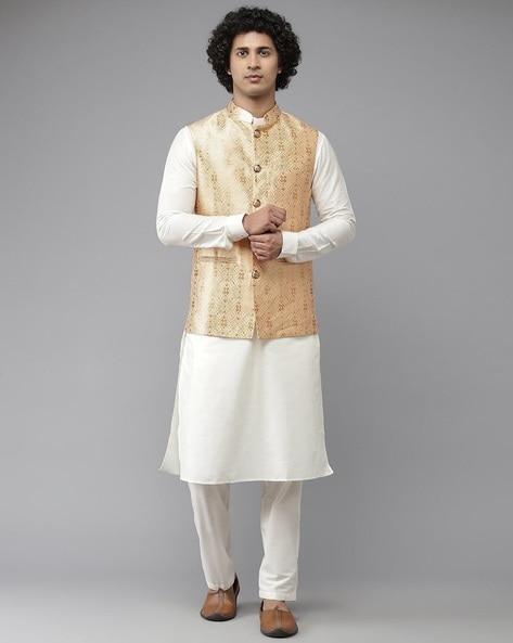 Embroidered Silk Maharaja Style Cream Color Nehru Jacket With Kurta Pa –  Rajanyas