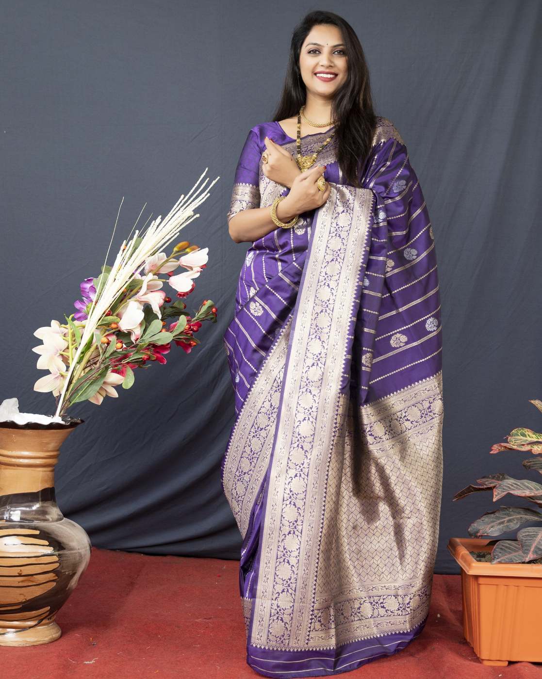 Pretty Purple Plain Linen Saree with Silver Border - Loomfolks