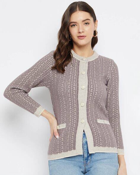 Women Self-Design Cardigan with Ribbed Hem