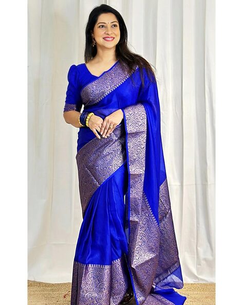 Buy Blue color soft lichi silk saree at fealdeal.com