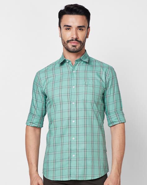 MOSCHINO Classic Green Plaid Check Shirt Plaid Checked Tailored Fit Shirt