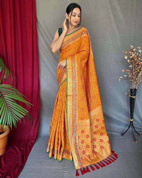 Autumn Yellow & Brown Cotton Saree with Blouse fabric – Triyah