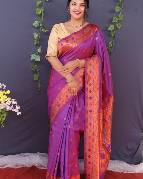 Shop Orange Ikkat Silk Saree Online in USA with Purple Zari Border – Pure  Elegance