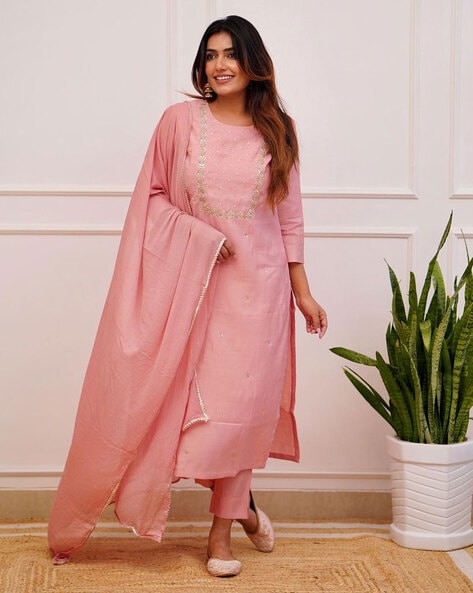 Silk Kurta Sets for Women Indian Wedding Wear Pink Gota Patti Straight  Kurta With Trousers and Dupatta Salwar Suit Dupatta 