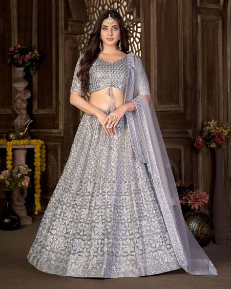 SHUBHKALA Grey & Pink Embellished Lehenga and Choli Set With Dupatta