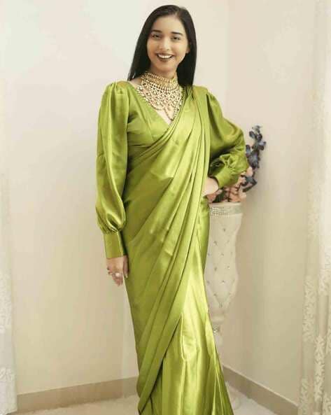 Pistachio Green Pre-Stitched Blended Silk Saree - Clothsvill