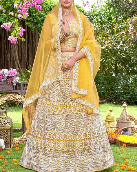 Yellow and Blue Combination Haldi Lehenga Choli Online India USA – Sunasa