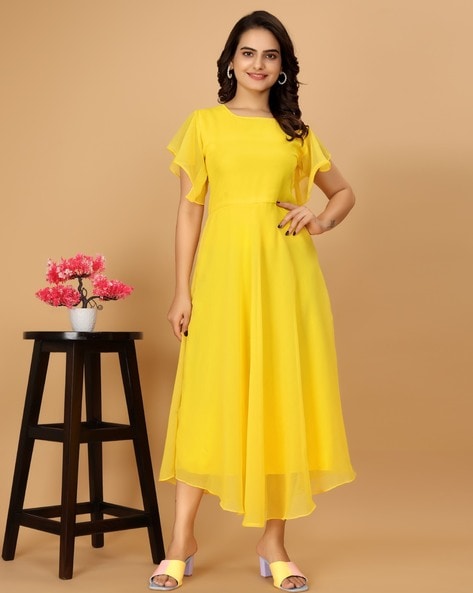 Buy Yellow Solid Maxi Dress Online - Label Ritu Kumar India Store View