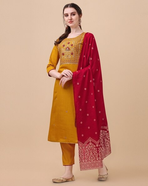 Women Embroidered Straight Kurta Set