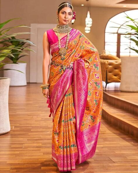 Banarasee Art Silk Saree With Buta Design & Contrast Border-Orange