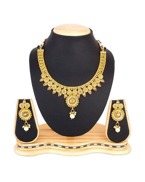 Bevogue Gold-Toned Beaded Choker Set with Earrings