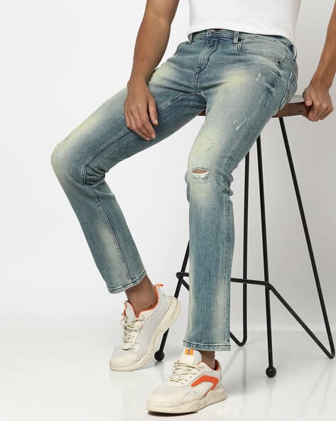Men Heavily Washed Distressed Slim Fit Jeans