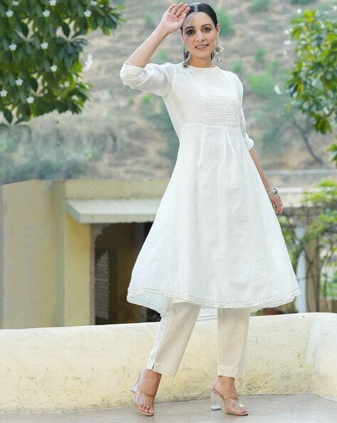 Buy FAB FEATHERS Plain White Rayon Kurti with hangings at Amazon.in