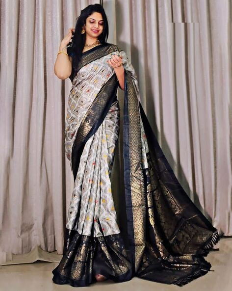 Black-Grey Pure Katan Silk Banarasi Handloom Saree - Tilfi