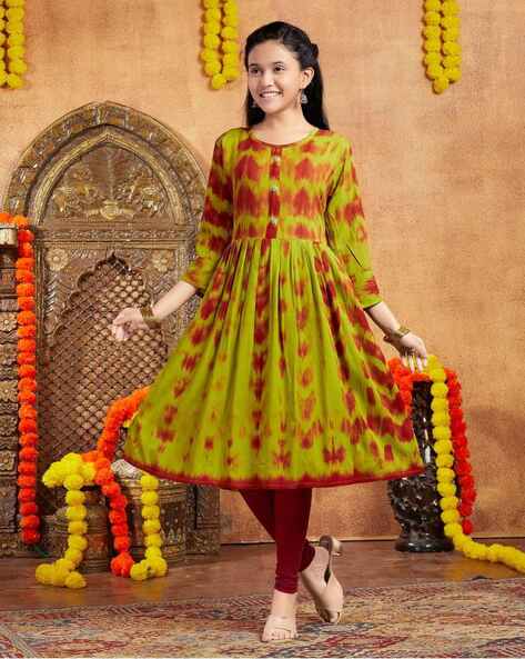 Girls Tie Dye Round Neck A Line Kurti