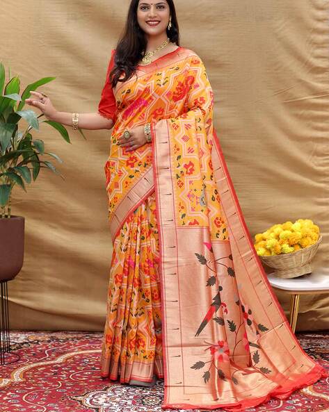 Yellow with White Stripes Patola Saree and Unstitched Blouse – AMRUT