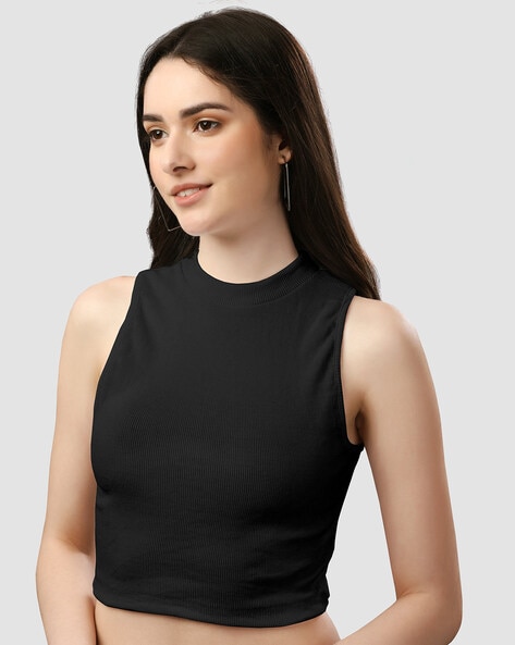 Vila blend ribbed halter neck tank top in black