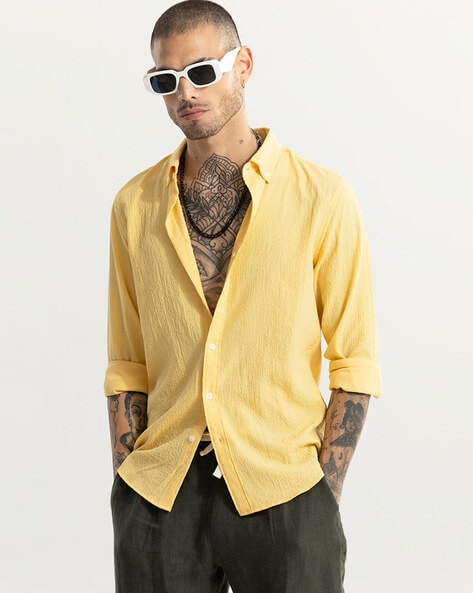 Mens yellow button down dress outlet shirt