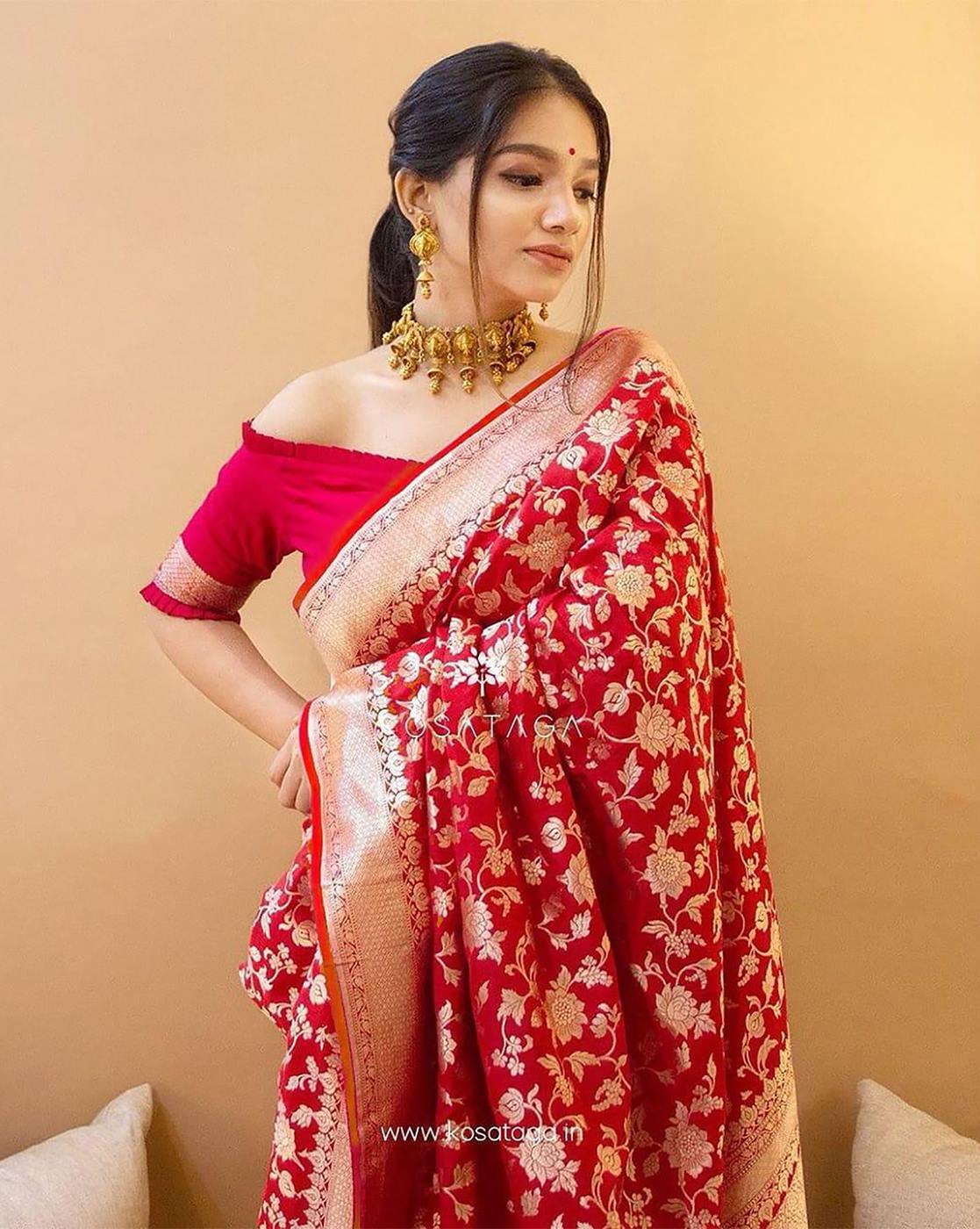 Dohr | Red organza floral printed saree with blouse | Amina – Dohr India