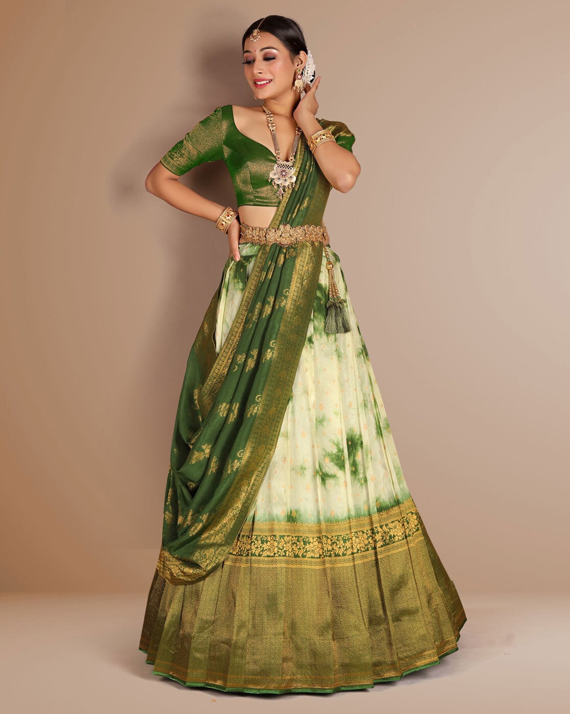 Green Banarasi Silk Half and Half Saree 220087