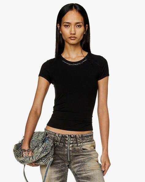 Buy DIESEL Ribbed-Jersey Top with Chain Necklace | Black Color 