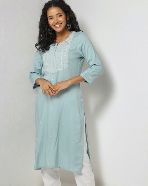 Buy W Teal Solid Kurta with Leggings & Dupatta (Set of 3) online