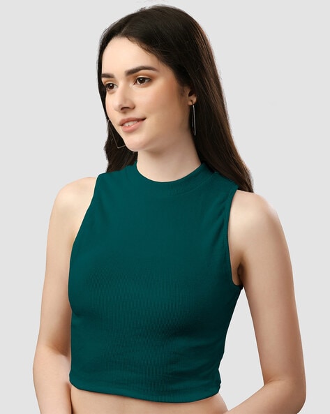 Women's Slim Fit Ribbed High Neck Tank - A New Day™ Green XS