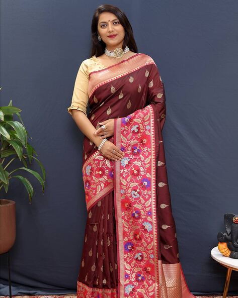 Dark Maroon Paithani Silk Saree And Blouse Piece – paanericlothing