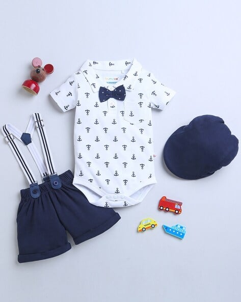 BUMZEE Nautical Print Bodysuit & Shorts Set with Suspender & Cap