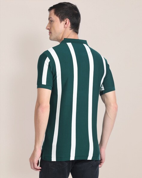 Green and white vertical striped polo shirt hotsell