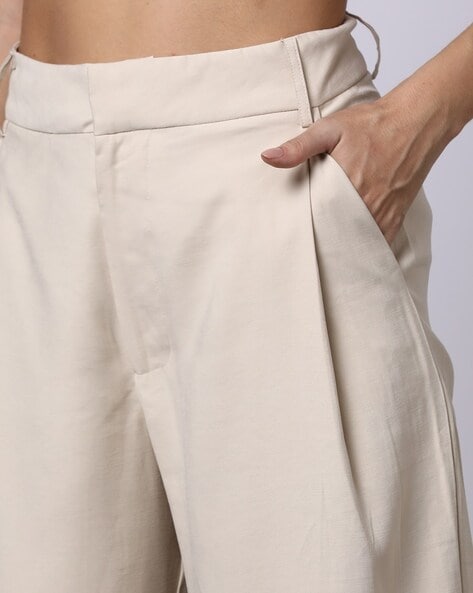 Linen twill trousers with slits Woman, Beige | TWINSET Milano