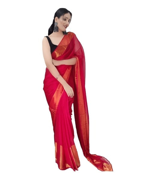 Women's Red Pure Chiffon Saree With Hand Embroidered Cut Dana Border - –  Trendia