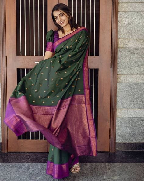 Maroon Pure Silk Saree With Golden Border And Green Colored Blouse | Cash  On Delivery Available, Throughout India