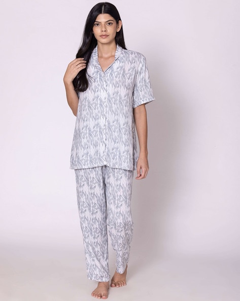 Women Printed Button Front Top Pyjamas Set