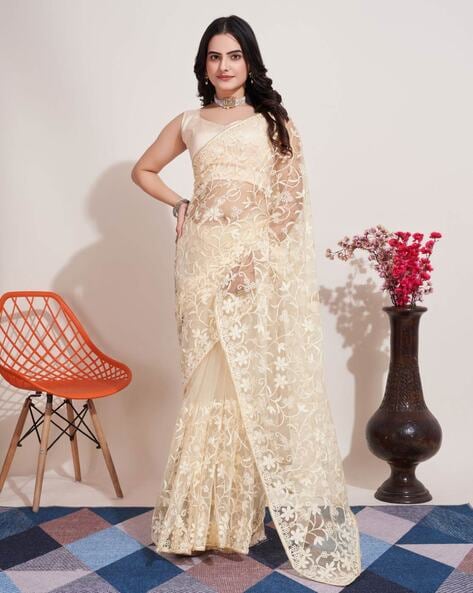 Off white embroidered net saree sale