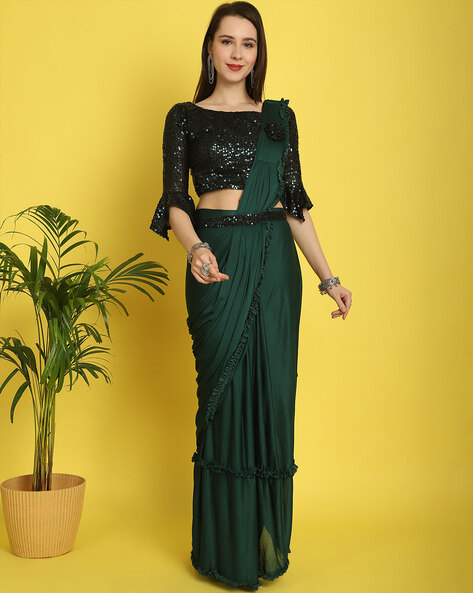 Buy Women Grey Ruffled Pre-Stitched Saree Set With Embroidered Blouse And  Belt - Feed Luxe Saree - Indya