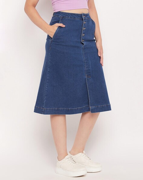 Women Blue Solid A-Line Denim Skirt