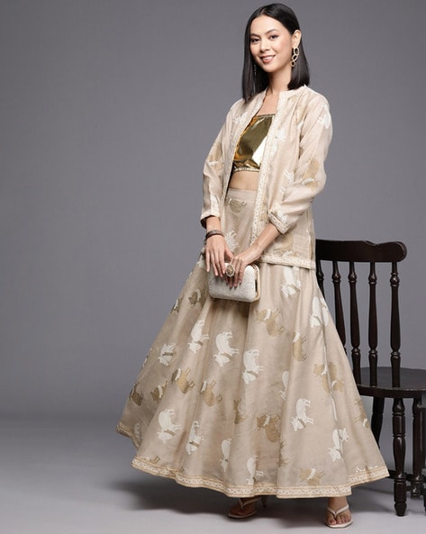 Buy Peach Foil Printed Crop Top N Skirt With Jacket Wedding Wear Online at  Best Price | Cbazaar