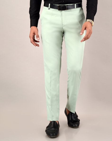 Buy Peter England Men Green Solid Carrot Fit Casual Trousers online