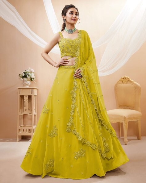 Lime yellow Party Lehenga Choli in Georgette with Embroidered - LC6089