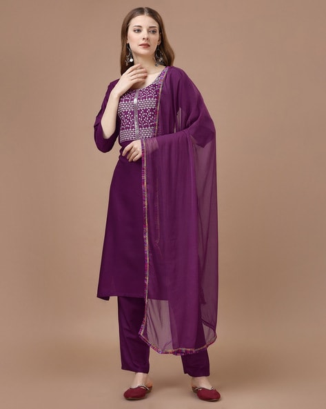 Women Embroidered A-Line Kurta Suit Set Price in India