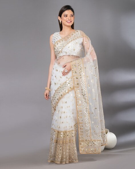 BEIGE BANARSI EMBELLISHED SAREE WITH BELT – Swish By Dolcy & Simran