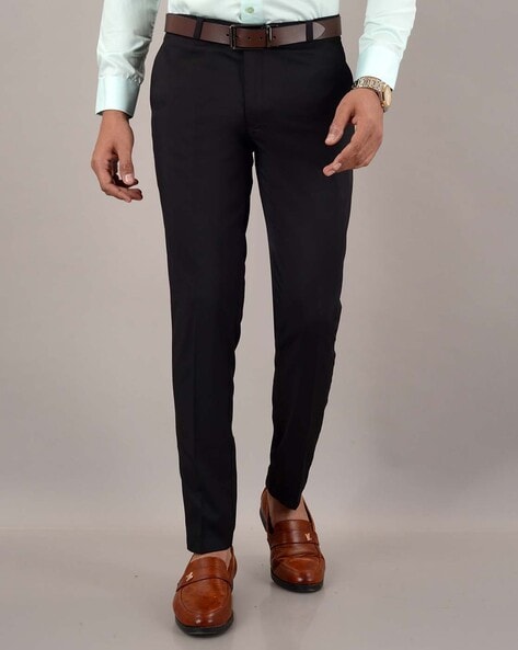 Buy Men Black Slim Fit Solid Flat Front Formal Trousers Online - 621900 |  Louis Philippe