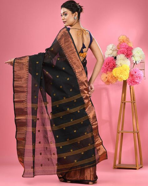 Black Bengal Handloom Cotton Tant Saree With Blouse Online Shopping:  SLSPN656 | Party wear sarees online, Saree designs, Elegant dresses classy