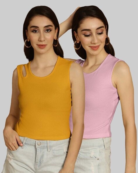 FRISKERS Pack of 2 Women Slim Fit Ribbed Tops