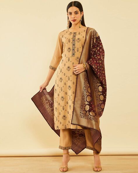 Women Floral Embroidered Straight Kurta Set with Dupatta Price in India