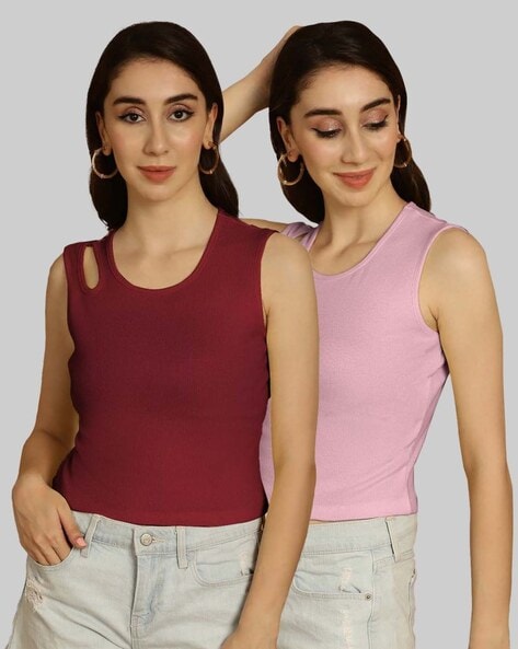 FRISKERS Pack of 2 Women Slim Fit Ribbed Tops